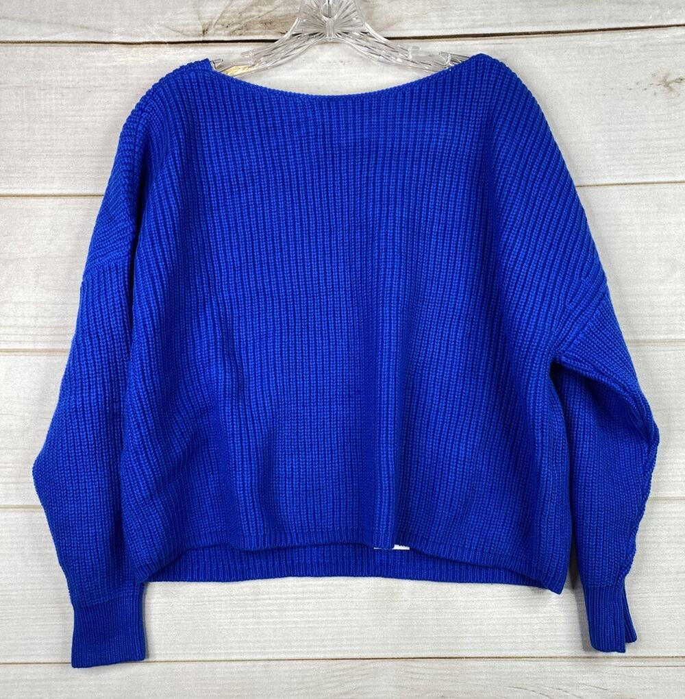 Bar III Sweater Womens PL Blue Open Back Long Sleeve Stretch Cable Knit NWT